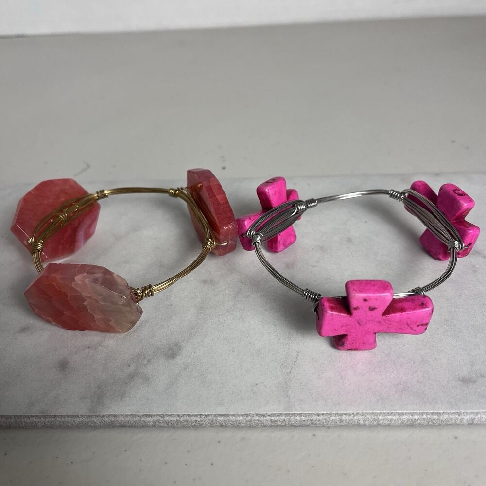 Wire Wrapped Bangle Bracelet Lot Hot Pink Howlite Stone Cross & Rocks Chunky